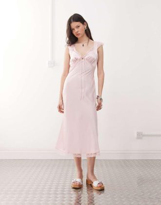 Reclaimed Vintage midi tea dress with lace inserts in baby pink-Multi