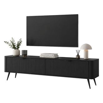 Dmora Armario Para Tv Kalase, 2 Estantes, 2 Puertas, Puertas Con Efecto Rayado Y Patas, 163x38x51h Cm Negro