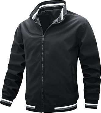 Generic Mens Bomber Jacket Full Zip Winter Flight Work Padded Outerwear Varsity Jacket for Men(Black,Large)