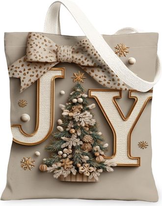 Generic Christmas Canvas Tote Bags, Tree and Bow Design Reusable Grocery Bags, Winter Rustic Lightweight Washable Shoulder Strap Ca, Beige, 13x15 Inch