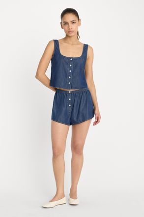 Good American Womens Denim Boxer Shorts | Indigo, Size Medium | Good American by Khlo&Egrave; Kardashian