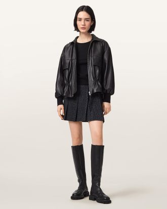 AllSaints Polyester Viola Leopard Print Pleated Mini Skirt, Size: UK 14/US 10