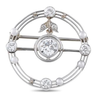 Luxury Bazaar Antique 18K White Gold 0.85ct Diamond and Pearl Round Brooch MF15-082526