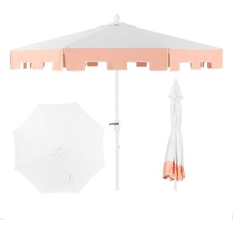 Jonathan Y Designs Baiona 9 ft. Classic MidCentury Market Patio Umbrella with UV Protection, Auto-Tilt, Crank and Wind Vent in White/coral Pink at Nordstrom