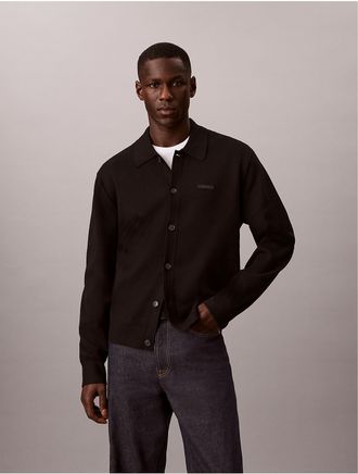 Calvin Klein Mens Tech Knit Button Long Sleeve Polo Sweater - Black - XL