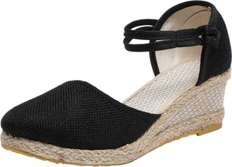 Generic Women Slope Heel Linen Summer Sandals Fashionable Thick Platform Beach Footwear Comfortable Casual Walking Shoes (Black, 6.5)