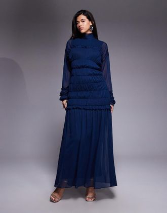 Daska Vestito lungo accollato in chiffon blu navy con corpino arricciato