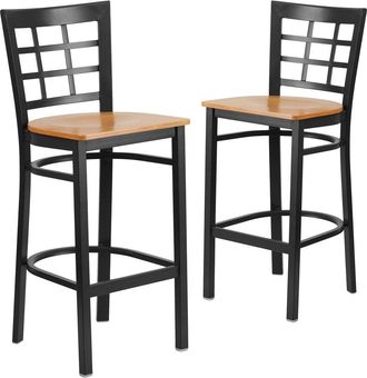 Flash Furniture 2 Pk. Black Window Back Metal Restaurant Barstool - Natural Wood Seat