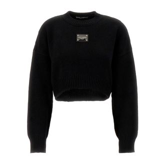 Dolce & Gabbana Round-neck Knitwear, female, Black, Size: XS Cropped Knit Sweater