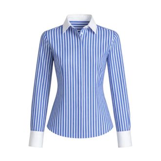Fay Shirts, female, Blue, Size: 2XS Slim Striped Cotton Shirt with Contrast Collar