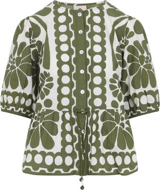 Farm Rio Palermo Bloemen Katoenen Shirt met Trekkoord in de Taille en Knoopsluiting - Dames - Blouses - Groen - S - Katoen - Overhemden