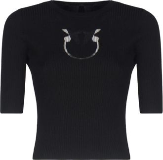 Pinko Zwarte Geribbelde Trui Love Birds Detail - Dames - Ronde hals truien - Zwart - XS - Wol - Truien & Vesten