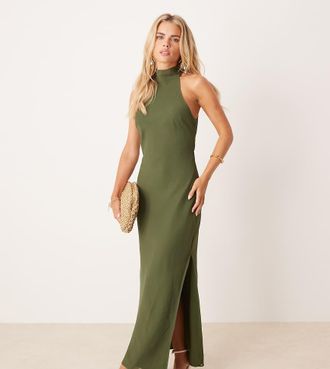 Asos Petite ASOS DESIGN Petite - Vestito midi accollato color oliva in chiffon-Verde