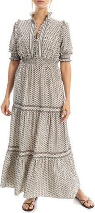 Max Studio Floral Short Sleeve Tiered Maxi Dress in Mocha/Cream Spacial Riddles at Nordstrom Rack, Size X-Small