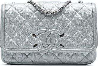 Chanel Pre-owned Womens Small Quilted Metallic Caviar Cc Filigree Flap - Silver Leather - One Size