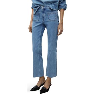 Mango Alex Raw Hem Patch Pocket Crop Flare Jeans in Medium Blue at Nordstrom Rack, Size 2