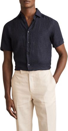 Reiss Holiday Short Sleeve Linen Button-Up Shirt in Navy at Nordstrom, Size Xx-Large