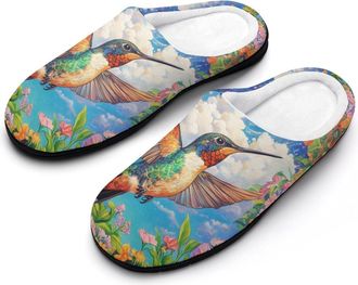 Generic Hummingbirds And Flowers In Spring Mens Slippers Slip On Comfortable Fleece Cotton House Shoes Winter