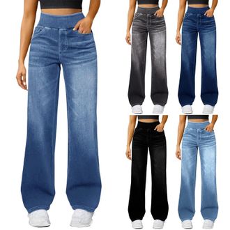 Generic Wide Leg Jeans For Women Uk High Waist Stretch Jeans For Women Plus Size Ladies Pull On Trousers Lightweight Loose Lounge Pants With Pockets Casual Pa