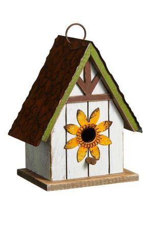 Glitzhome Distressed Solid Wood Decorative Outdoor Garden Birdhouse with 3D Flower or Maple in Yellow at Nordstrom, Size Medium