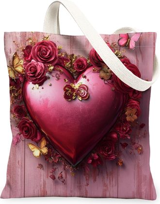 Generic Heart Floral Canvas Tote Bags, Elegant Flower Design Lightweight Washable Shoulder Strap Reusable Grocery Bags for Spring Summer Outdoor Travel Beach 