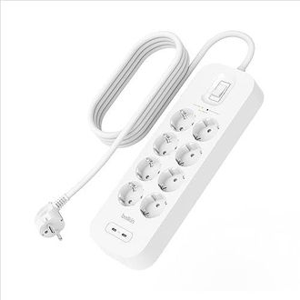 Belkin Regleta Enchufe Usb Con Protecci&oacute;n Contra Sobretensiones De 8 Enchufes Ca, Montaje En Pared, Cable De 2 M, 2 Puertos Usb-c Pd De Carga R&aacute;pida, Led De 