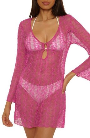 BECCA by Rebecca Virtue Golden Riviera Long Sleeve Open Knit Cover-Up Tunic in Rose Berry at Nordstrom, Size Medium