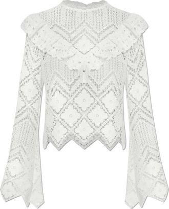 Self Portrait Crochet Broderie Kanten Top - Dames - Blouses - Wit - XS - Katoen - Overhemden