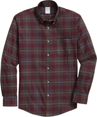 Brooks Brothers Slim Fit Non-Iron Geruite Stretch Twill Overhemd met Button Down Kraag - Heren - Casual Overhemden - Paars - L - Katoen - Overhemden