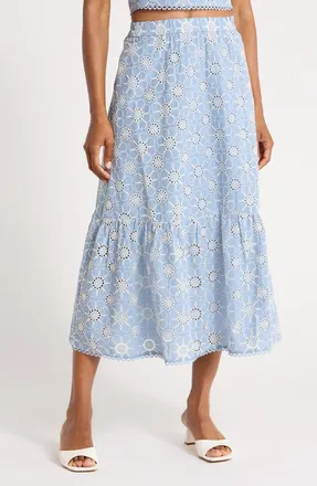 Ellen Tracy Embroidered Cotton Tiered Skirt in Blue Daisy at Nordstrom Rack, Size X-Small