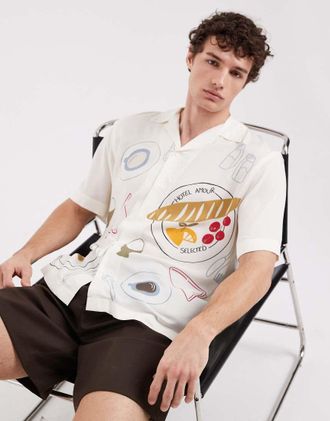 Selected X Hotel Amour - Camicia a maniche corte color crema con stampa a tema cena-Bianco