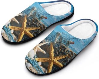 Generic Beach Seashell Starfish Cotton Slippers for Women Memory Foam Comfy House Shoes with Anti-Skid Rubber Sole