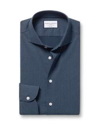 CHARLES TYRWHITT Non-Iron Performance Twill Geo Print Cotton Formal Shirt - Petrol Blue Single Cuff Size 16/33 by Charles Tyrwhitt