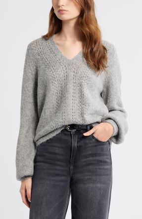 Treasure & Bond Oversize Pointelle V-Neck Sweater in Grey Heather at Nordstrom, Size Xx-Small