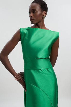 Karen Millen Womens Satin Twill Draped Waist Structured Tailored Maxi Dress - Green - Size 14 UK