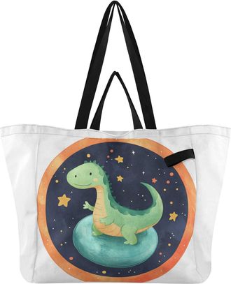 Generic Green Dinosaur Planet pattern Reusable Canvas Tote Bag, Heavy Duty Grocery Shopping Bag with Double Handles Hard Bottom Large Capacity Work Groceries 