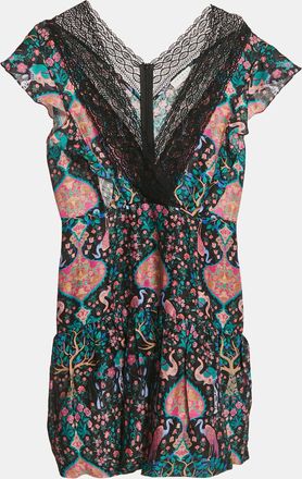 Sandro Multicolor Printed Ruffled Lace Trim Detail Mini Dress