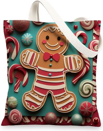 Generic Christmas Gingerbread man Canvas Tote Bag for Shopping 13x15, Relief 3D Fun Xmas Reusable Grocery Print Pattern Bag for Women Men, Holiday New Year Ae