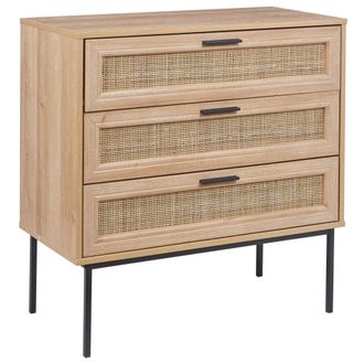 Beliani C&oacute;moda De Rat&aacute;n Con 3 Cajones Frente De Mimbre Tablero De Part&iacute;culas Patas Estructura De Metal Aparador De Estilo Boho Sala De Estar Madera Clara Pasc