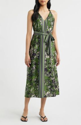 Eliza J Floral Satin Halter Neck Midi Dress in Olive at Nordstrom, Size 10