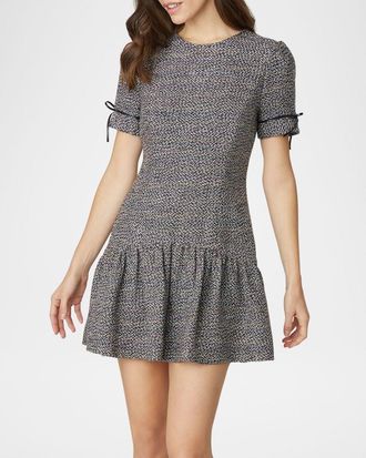 Shoshanna Ivey Leather-Trim Flounce Tweed Mini Dress