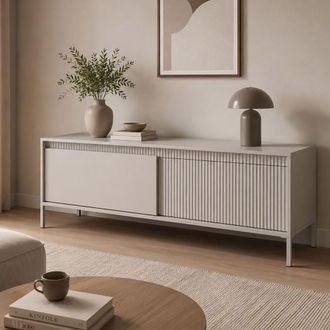 Dmora Mueble Para Tv Kameza, Un Estante, 2 Puertas, Puerta Con Efecto Estriado, 154x40x53h Cm Beige