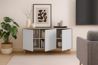 Dmora Dmora Aparador Moderno Con 3 Puertas Y Estantes, Aparador De Cocina, Sal&oacute;n De Dise&ntilde;o Buffet, 154x40h75 Cm, Color Roble Y Blanco, Con Embalaje Reforzad