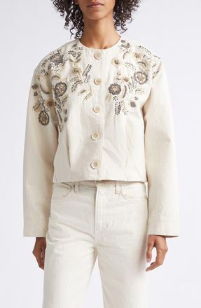 Veronica Beard Emeren Embroidered Collarless Cotton Jacket in Ecru at Nordstrom, Size X-Large