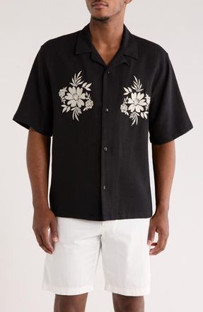 PacSun Floral Appliqué Lyocell Camp Shirt in Black at Nordstrom, Size X-Large