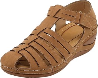 Generic Women Wedge Sandals Caged Strappy Leather Sandals Ankle Strap Ladies Platform Walking Sandal Closed Toe Vintage Roman Garden Shoes Soft Wide Fit Sanda