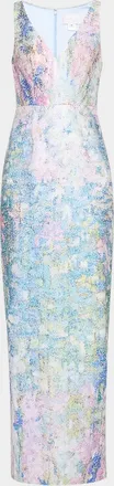 Pamella Roland Sleeveless Printed Sequin Column Gown