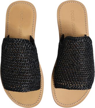 Dolce & Gabbana Mens Black Monochrome Braided Raffia Slides Shoes Viscose