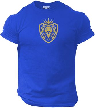 Generic King Lion T Shirt Gym Clothing Bodybuilding Training Workout Exercise Fitness Boxing MMA Tee Top (UK, Alpha, XL, Regular, Regular, Blue Gold Print)