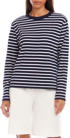 Karen Kane Stripe Crewneck Long Sleeve Cotton Top in Navy/white at Nordstrom, Size X-Large